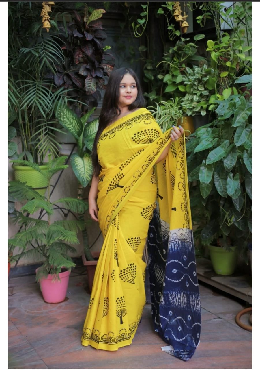 Bagru Block Printed Mulmul Cotton Saree