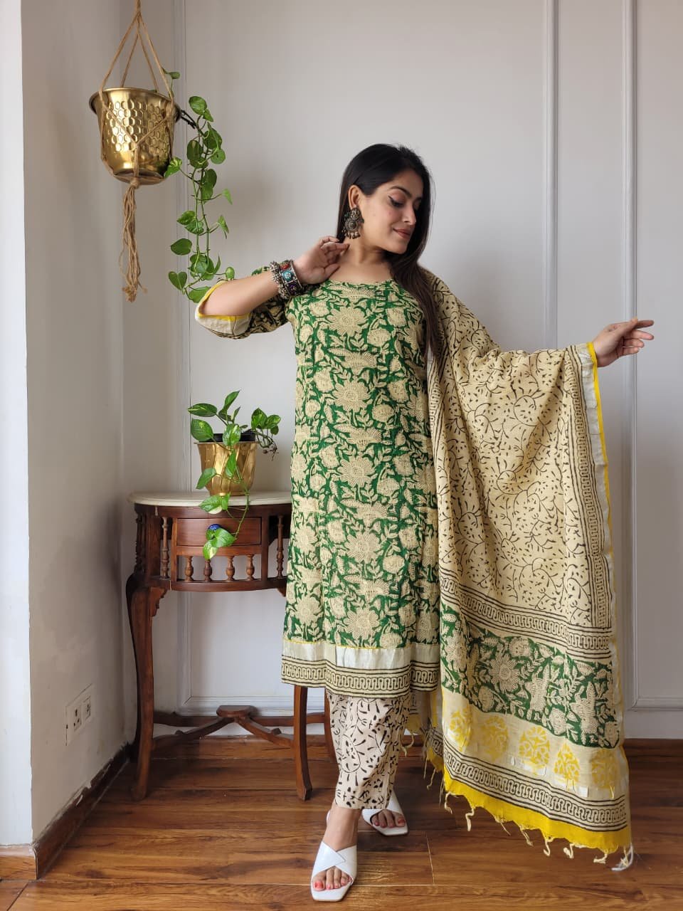 Green Bagru Hand Block Printed Linen Suit Set