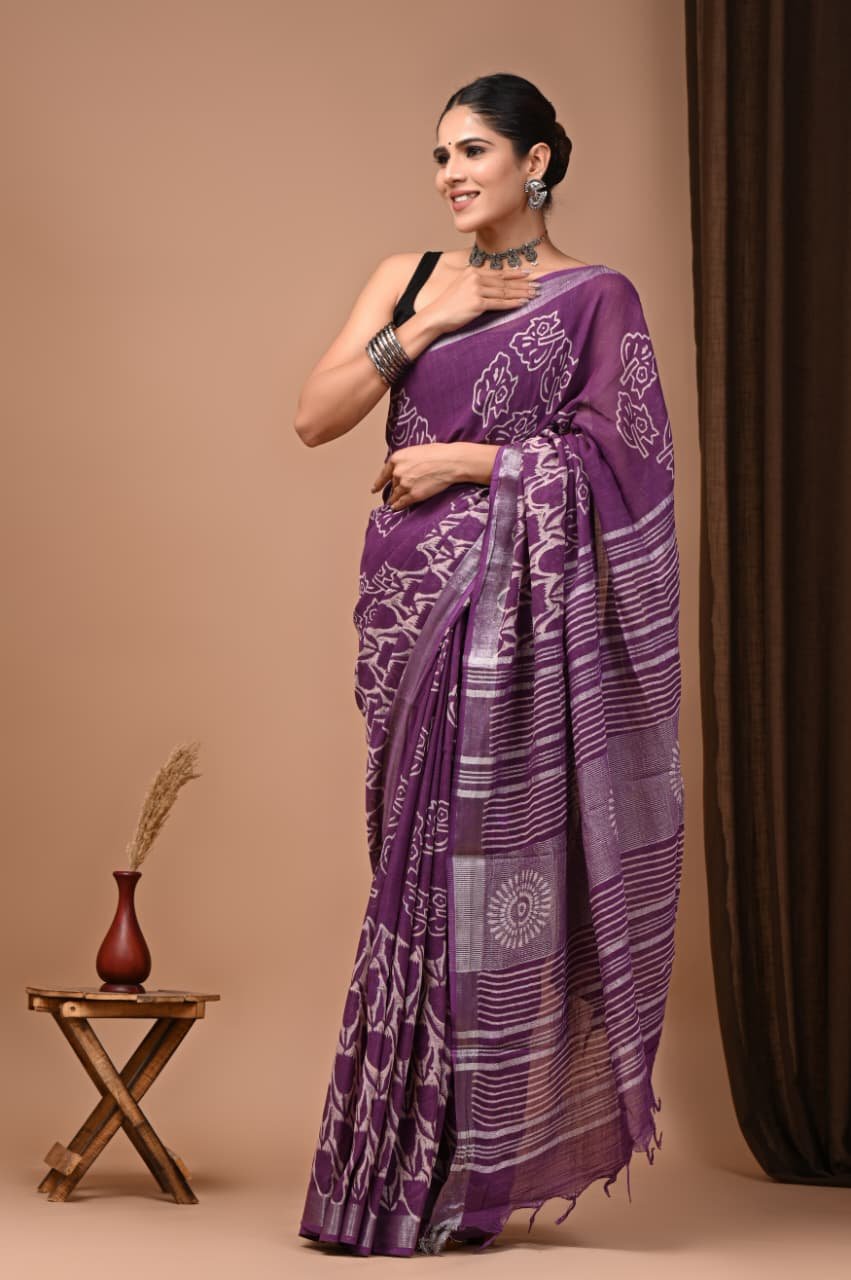 Hand Block Printed Linen Saree with Blouse