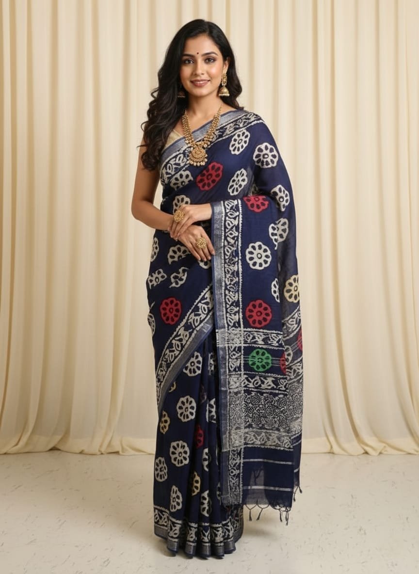 Hand Block Printed Linen Saree with Blouse