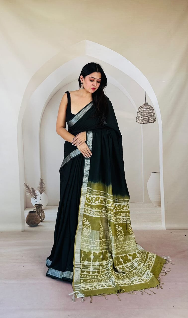 Hand Block Printed Linen Saree with Blouse
