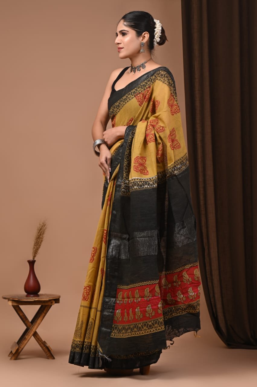 Hand Block Printed Linen Saree with Blouse