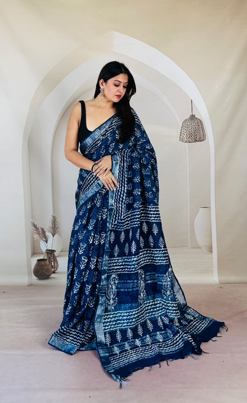 Hand Block Printed Linen Saree with Blouse