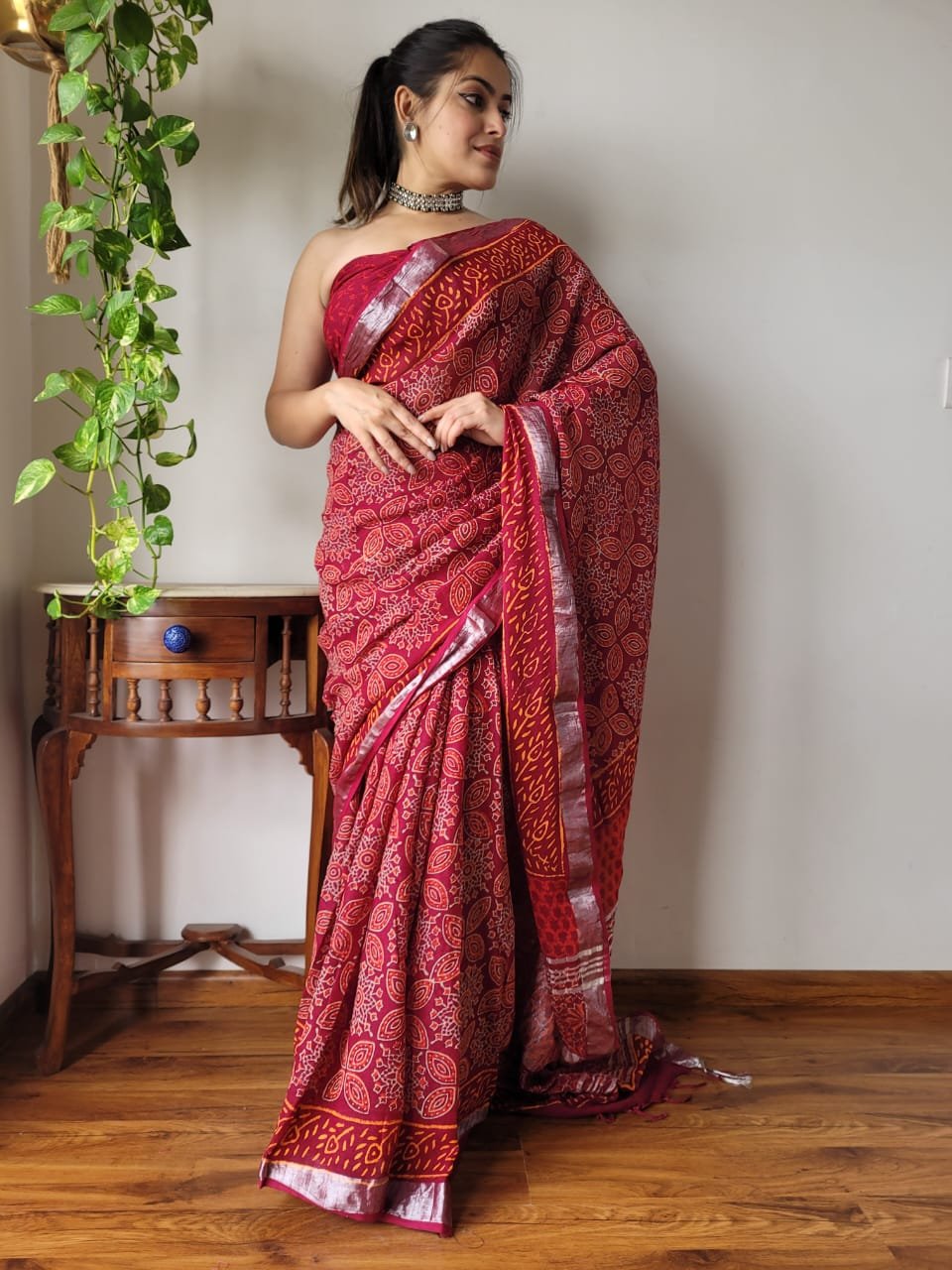 Hand Block Printed Linen Saree with Blouse