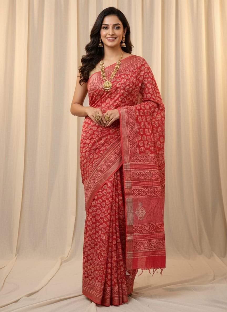 Hand Block Printed Linen Saree with Blouse