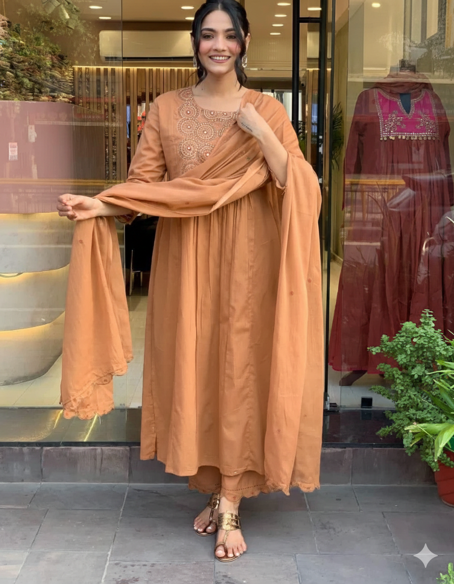Brown Flared Cotton Anarkali Suit Set with Dupatta