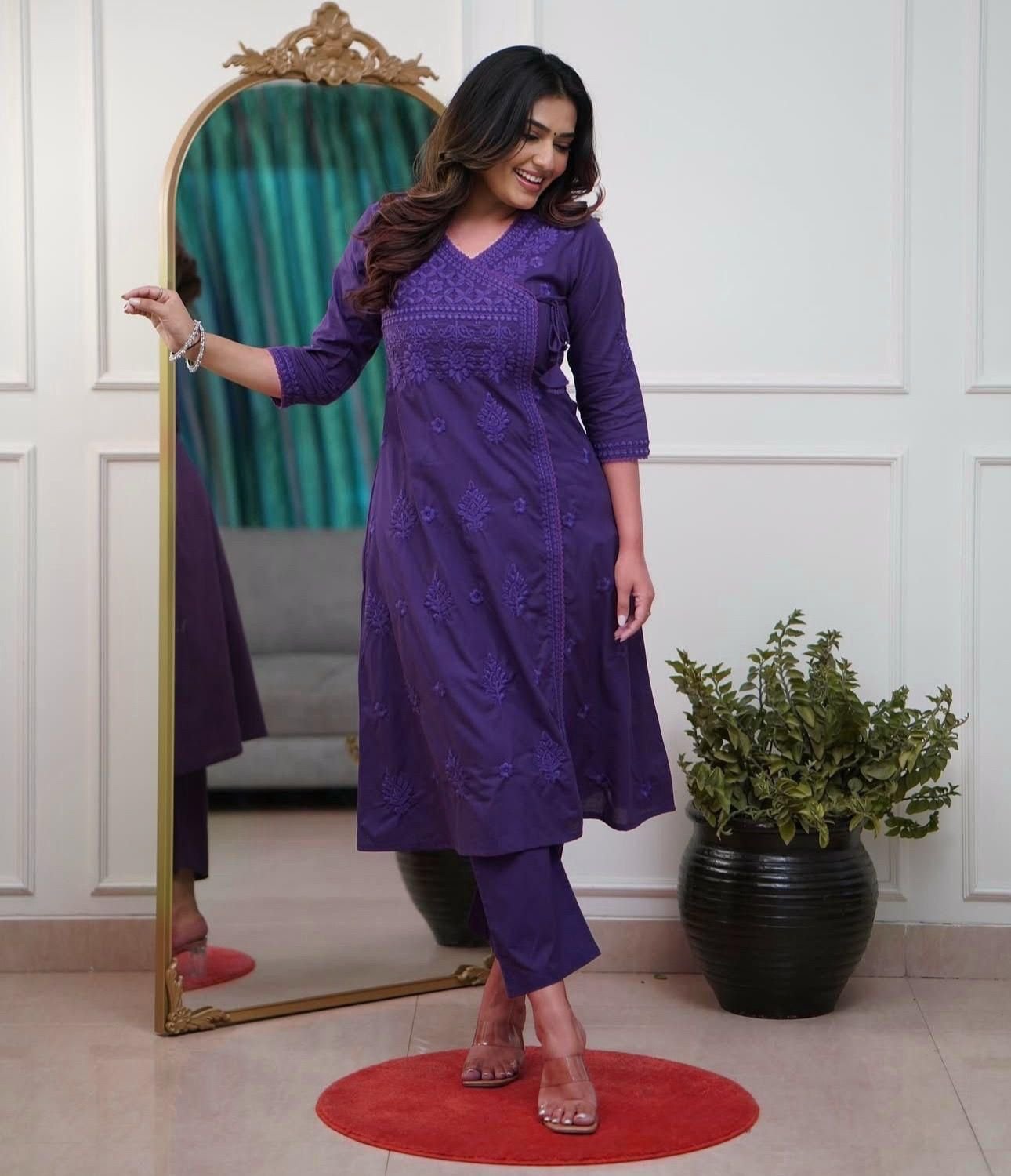 Purple Chikankari Cotton Angrakha Kurti Pant Set